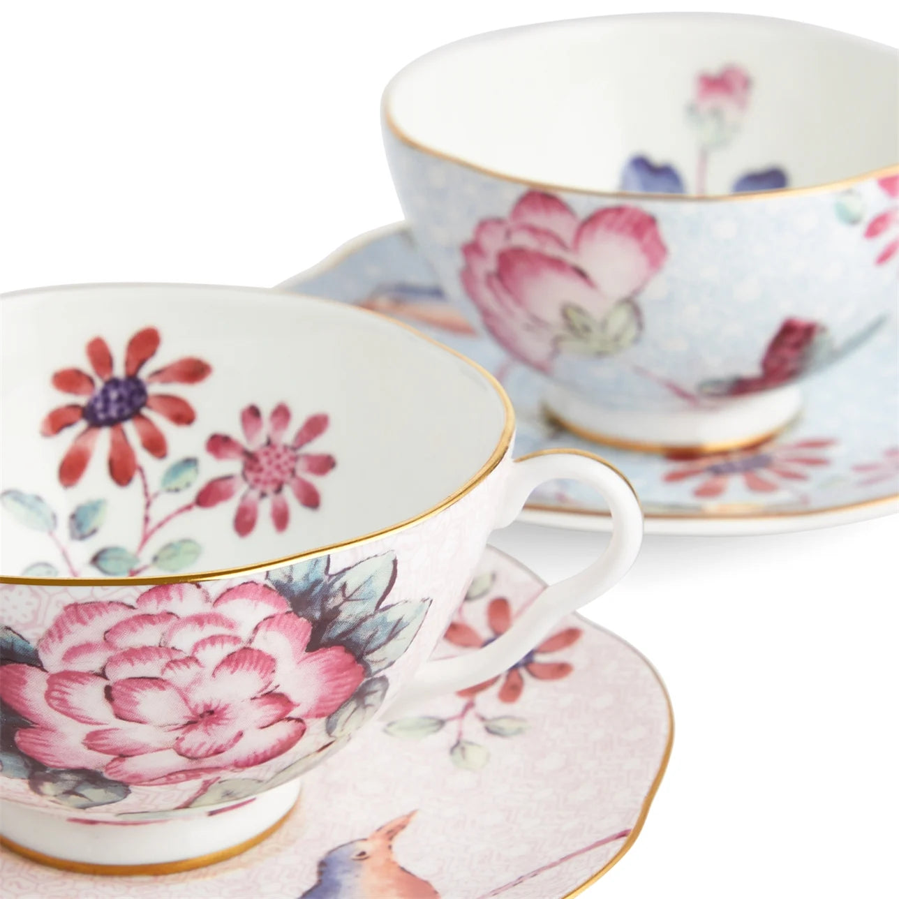 Pink & Blue Teacup & Saucer, Set of 2