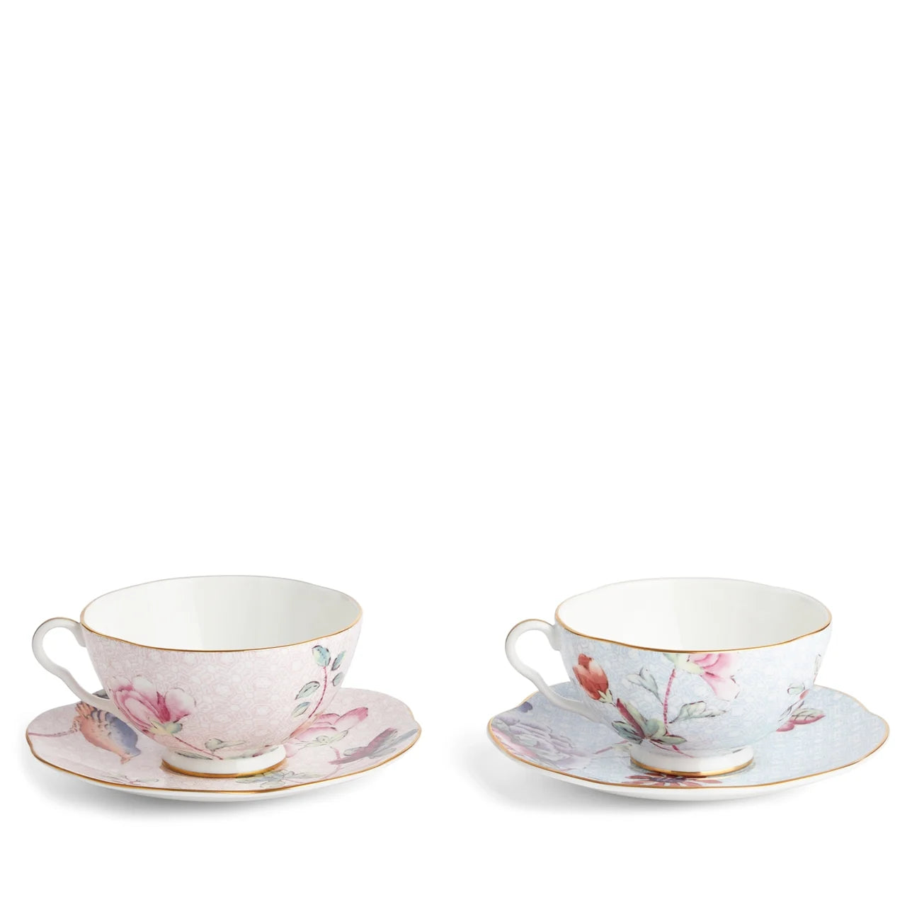 Pink & Blue Teacup & Saucer, Set of 2