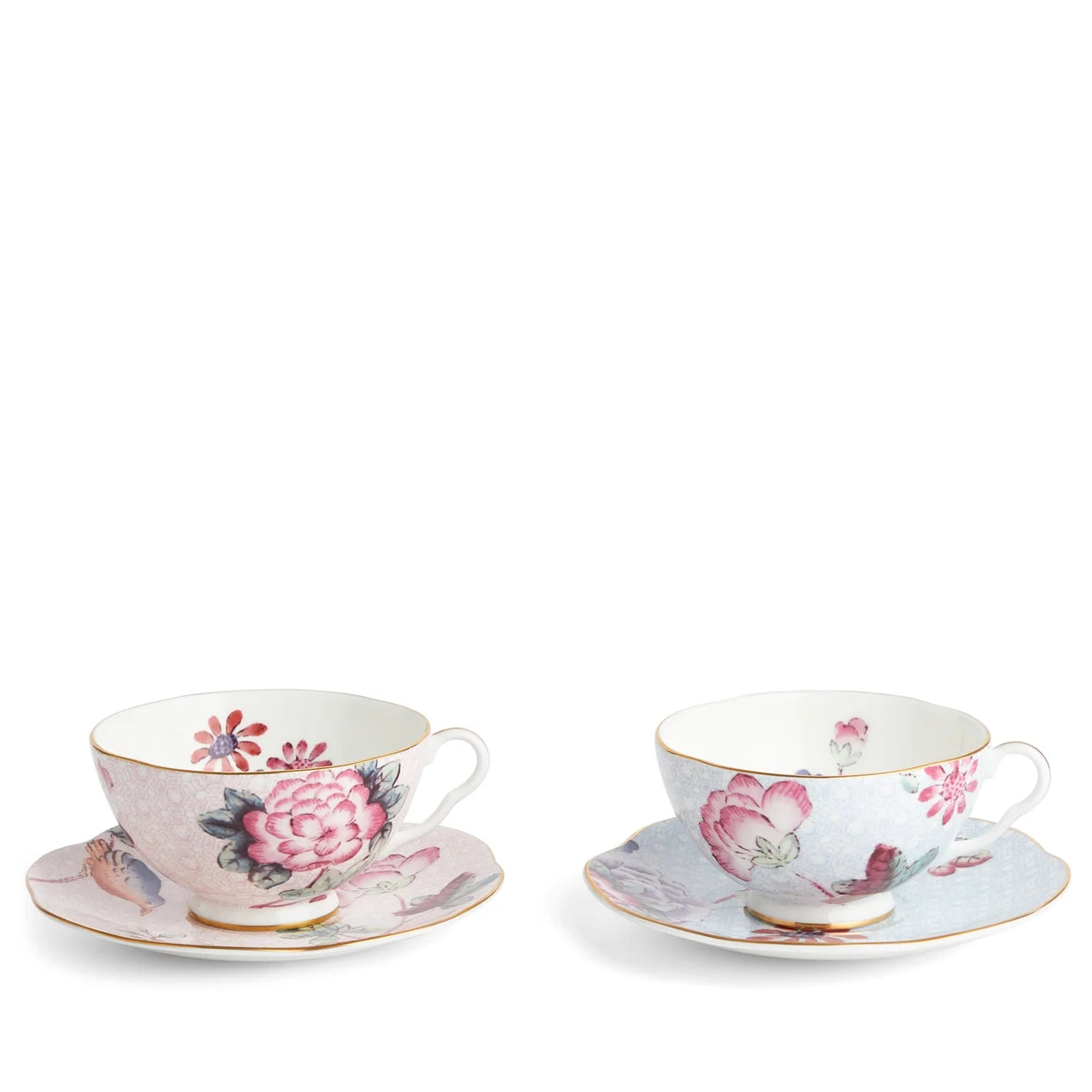 Pink & Blue Teacup & Saucer, Set of 2