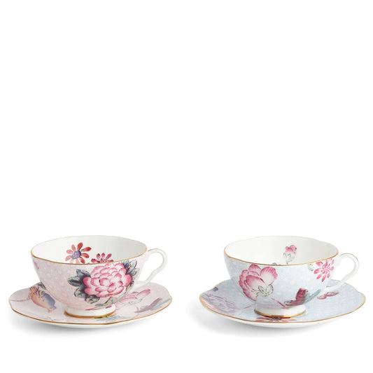 Pink & Blue Teacup & Saucer, Set of 2